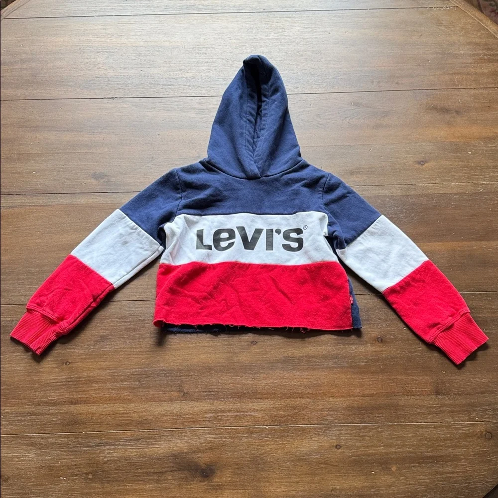 Sz S 8-10 Levi's blue, white, and red colorblock cropped hoodie sweatshirt